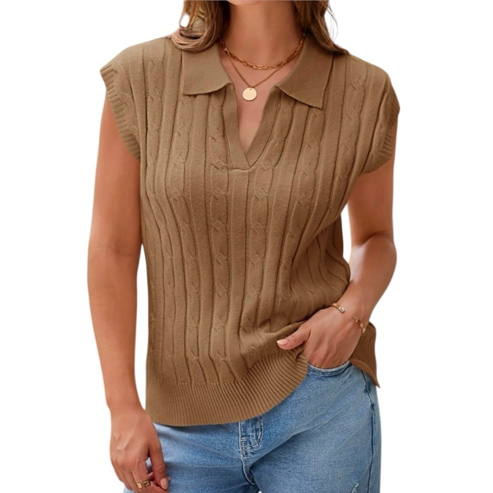 Women’s Camel Brown Cable Knit Sleeveless Collared Sweater Size Large